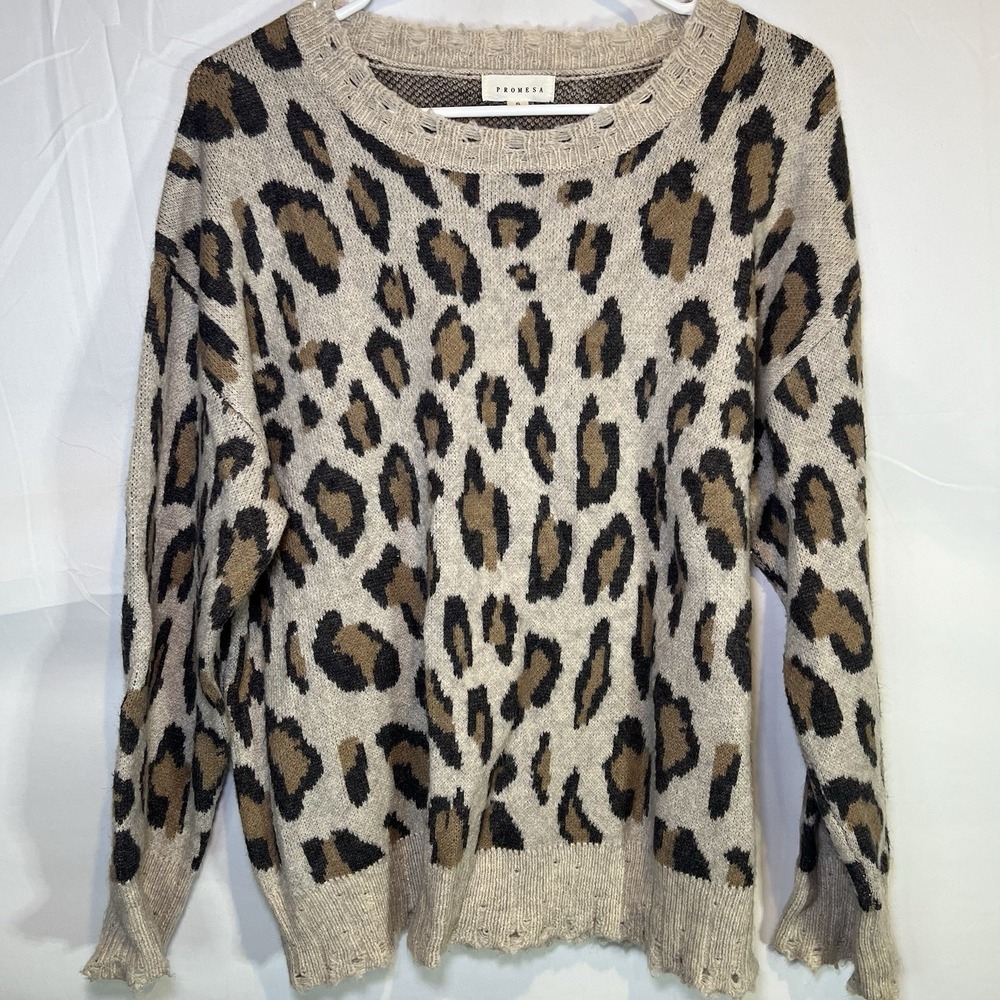 Promesa Sweater Women Size Small Leopard Cheetah‎ Animal Print Long Sleeve Boho